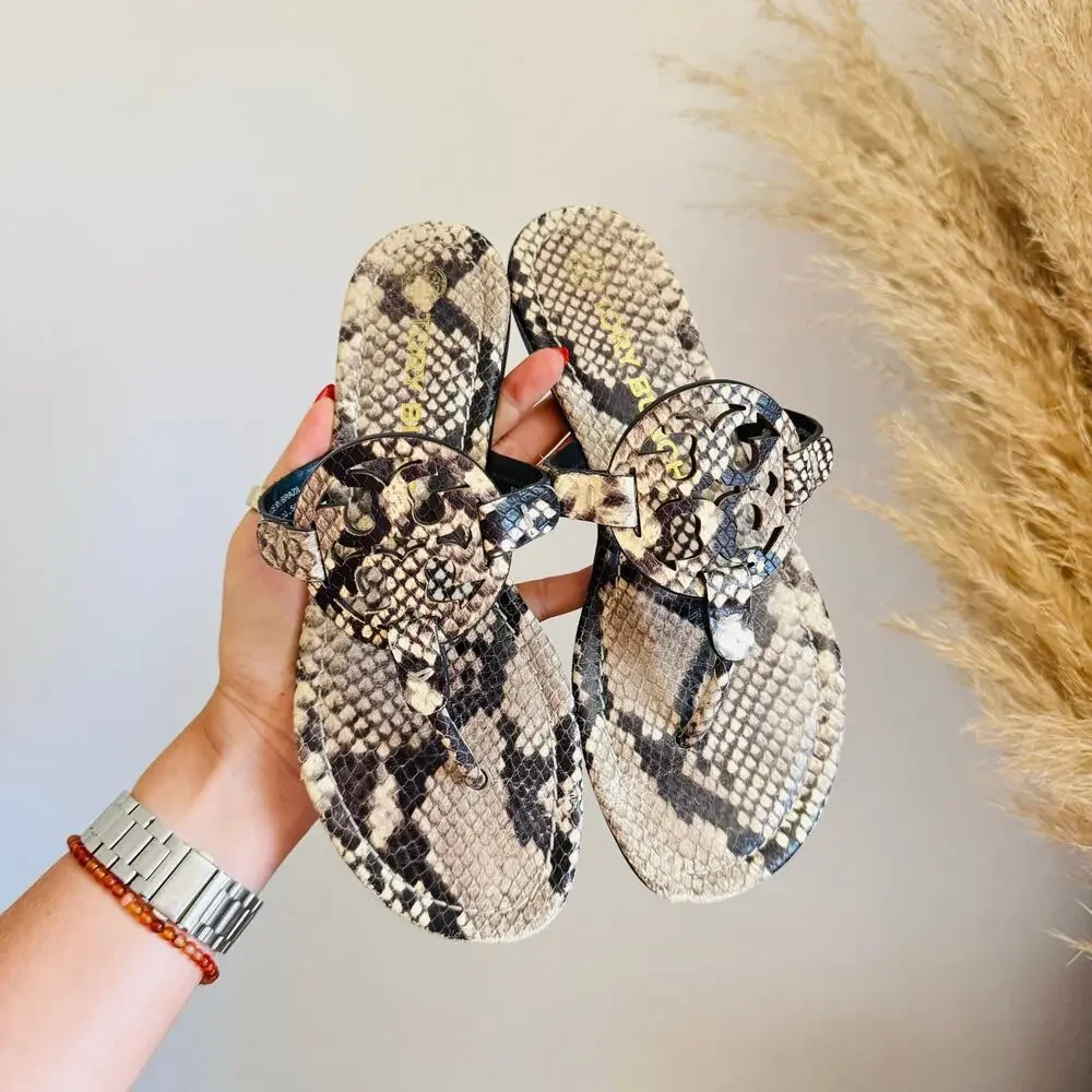 TORY BURCH Beige Black Roccia Snakeskin Leather Miller $258 Slides Sandals 7.5